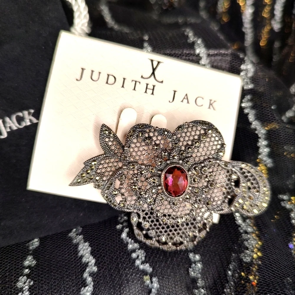 Judith Jack Marcasite Pink Gem Sterling Silver Brooch Pin!